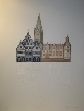 Schloss Neuhaus mit Rathaus Paderborn / Joseph Robers / Farbradierung mit Prägedruck